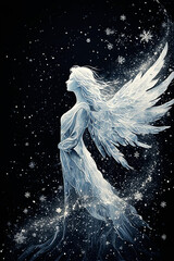 Ethereal Winter Angel: Graceful White-Winged Female Figure with Flowing Hair, Twinkling Snowflakes on Black Background for Holiday Cards, Fantasy Posters, Seasonal Decor, Magical Illustrations