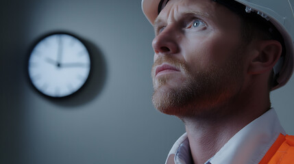 An engineer with furrowed brows gazes upwards, his white hard hat reflecting the diffused light. A clock shows the hour; a moment of reflection before the next task.