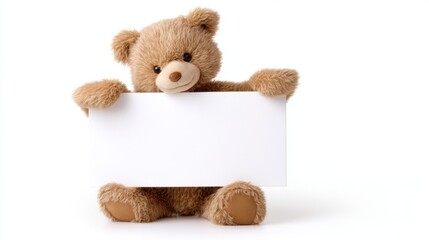 A light brown teddy bear sits upright holding an empty signboard between its paws against a plain white background,