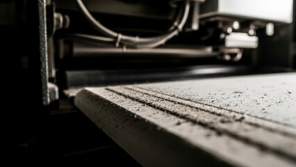 Close-up of a dusty industrial machine surface in a workshop.
