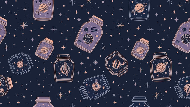 Mason jar with glowing firefly or lightning bug, scattered across starry night sky, pattern for website background or wallpaper isolated on White Background