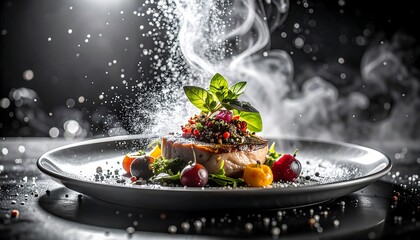 A gourmet dish is plated elegantly with vegetables and garnished with herbs. The meal emits a cloud of smoke and sparkling particulates