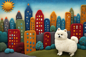 Charming Knitted Wool Cityscape with Fluffy Pomeranian Dog: Crocheted Multicolored Skyscrapers, Sunny Sky, Green Hills, Textured Trees on Lush Grass for Whimsical Children's Books, Fun Posters