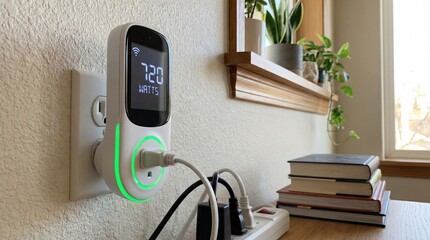 Smart home energy monitoring device displaying real time electricity consumption data for household power management and cost reduction through usage tracking