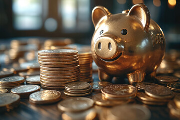 A Close-Up View of Coins and Piggy Bank on Desk