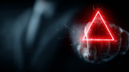 Mysterious hand activating glowing red triangle, futuristic technology concept, data security, AI solutions, cutting edge innovation, dark modern background