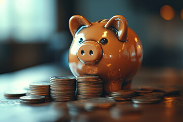Piggy Bank and Stacked Coins Representing Budget Planning