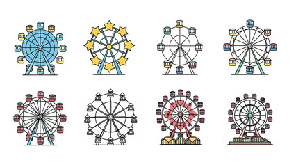 A collection of eight colorful Ferris wheel icons and illustrations, showcasing various designs and styles of the popular amusement park ride. © tr