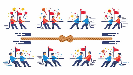 A collection of flat design illustrations depicting various scenarios of people engaged in a tug-of-war game, showcasing competition, strength, and teamwork with a central knotted rope.
