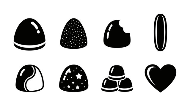 Collection of various black and white candy and chocolate silhouettes, including bonbons, truffles, and heart shapes, depicting sweet treats.