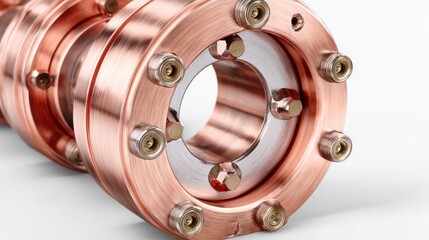 Close-up of metallic circular component featuring copper and steel sections fastened with bolts. Focus on textures and construction