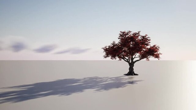 A lone tree with reddish-brown leaves casting a long shadow on a flat, white surface under a blue and pink sky.