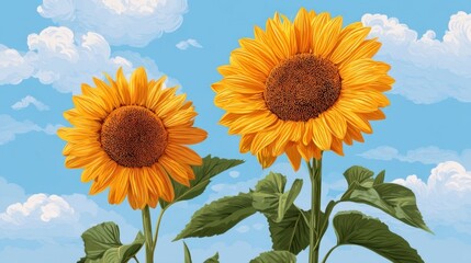 Two large sunflowers with bright orange petals and dark brown centers stand against a blue sky with scattered white clou