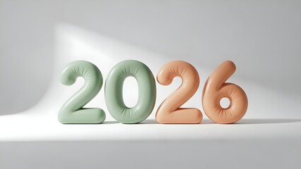 Soft 3D rendering of the year 2026 in pastel green and peach colors, symbolizing new beginnings, future planning, and upcoming events on a clean white background.