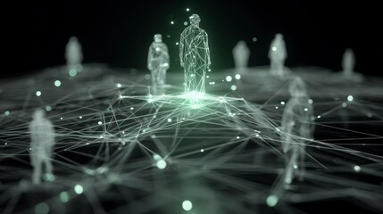 Futuristic image of connected human figures within a network, rendered in digital lines and glowing nodes against a dark backdrop