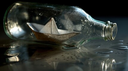 A glass bottle filled with water holds a tiny paper boat upside down,