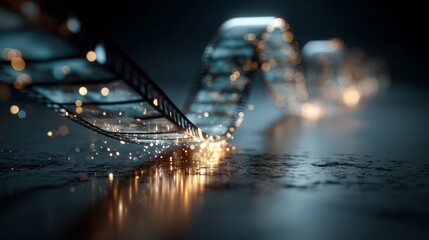 Sparkling film reel illuminated by dynamic lights, creating a magical cinematic atmosphere for storytelling and entertainment projects.