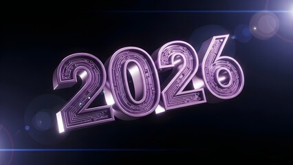 3D Futuristic Metallic Purple 2026 with Circuit Board Pattern and Light Flares on Black Background, Representing New Year Technology and Innovation.