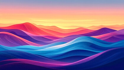 A vibrant abstract landscape features undulating layers of colorful, fluid forms resembling mountains and waves under a glowing sunset
