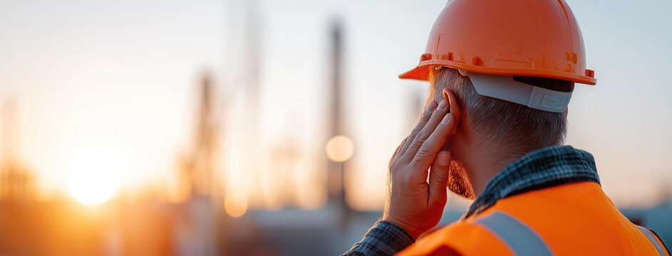 Industrial worker in safety gear touches ear while monitoring noisy refinery operations.