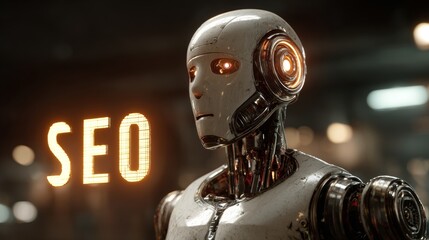 Advanced AI robot with glowing eyes and "SEO" text, symbolizing future technology and digital marketing innovation.