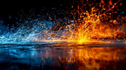 A vibrant abstract composition shows a fiery orange burst colliding with electric blue, creating dynamic energy. The scene is mirrored