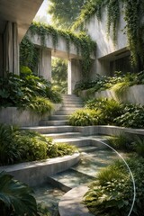Fototapeta premium Harmonious integration of architecture and nature featuring lush greenery, cascading steps, modern concrete elements, and tranquil water flow, creating a sustainable oasis of serenity