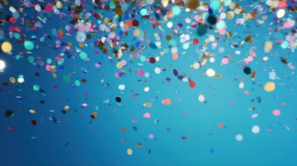 Colorful confetti in motion on blurred backdrop, suitable for dynamic backgrounds, fun presentations, or lively digital compositions.