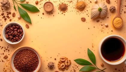 A selection of coffee beans and spices arranged on a warm surface with a cup of coffee