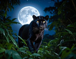 A majestic black panther strides forward under the glow of a full, bright moon, amidst dense jungle foliage