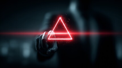 Powerful hand reaches out to activate glowing red triangle symbol, symbolizing choice, danger, and decision-making in dark, futuristic setting.