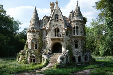Abandoned fairytale castle surrounded by lush greenery in a serene forest setting