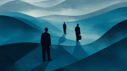 日本人のベテラン管理職が藍の波間で方針を見定める抽象表現