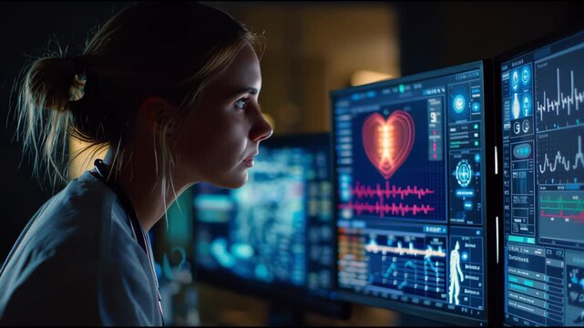 Nurse analyzing vital signs on multiple monitors displaying heart rate and medical data