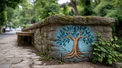 Painted Tree Mural on Stone Wall with Bench in Green Urban Park