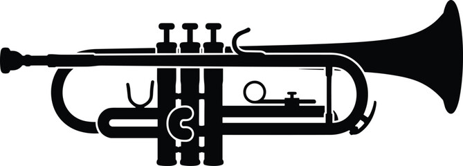Black trumpet silhouette illustration, brass musical instrument icon, jazz music symbol, isolated vector graphic for design projects branding poster education