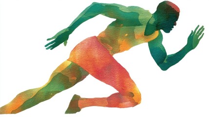 A stylized silhouette of a person running with vibrant watercolor hues in greens oranges reds and blues elongated abstra