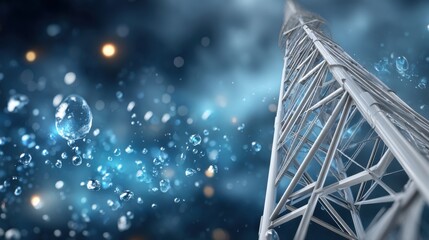 Abstract Tower Structure with Bubbles and Blue Backdrop