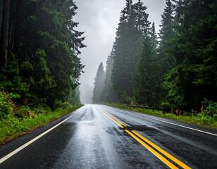 Wet road through a misty forest with tall, green coniferous trees