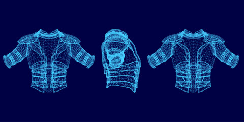 Three distinct armor blueprints feature chest plates, shoulder pads, and arm guards on a blue background, with detailed wireframes revealing intricate patterns and textures for each design. © German Ovchinnikov
