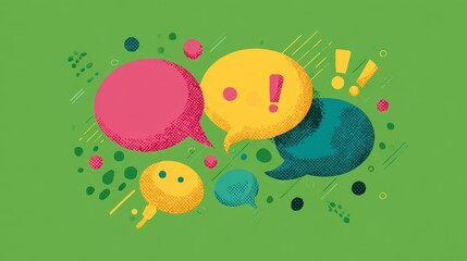 A vibrant abstract composition featuring colorful speech bubbles and exclamation points scattered on a textured green background