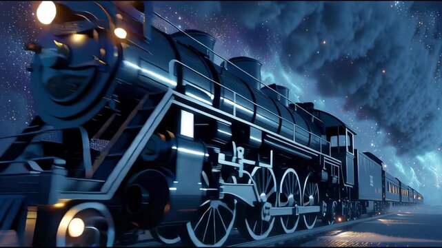 Vintage steam train travels through a starry night sky with nebulae