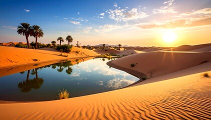 A vibrant desert landscape featuring an oasis reflecting the clear sky and palms during a sunlit golden hour