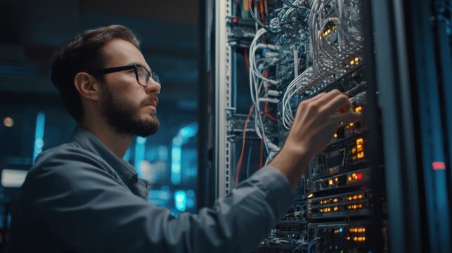 Medium shot of a telecom specialist adjusting parameters on an OFDMbased communication system in a hightech lab - Powered by Adobe