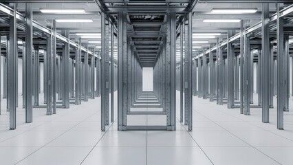Modern Server Room with Rows of Racks and Futuristic Lighting.