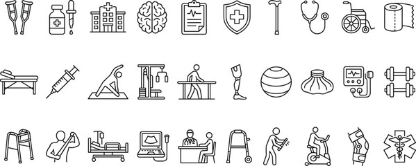 Healthcare medical line icons set, hospital therapy rehabilitation equipment doctor patient treatment vector outline collection wellness physiotherapy symbols healthcare recovery