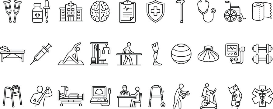 Healthcare medical line icons set, hospital therapy rehabilitation equipment doctor patient treatment vector outline collection wellness physiotherapy symbols healthcare recovery - Powered by Adobe