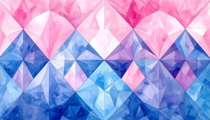 A geometric pattern resembling interlocking diamonds in shades of pink, white, and blue, creating a vibrant, textured effect