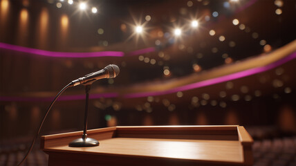 大型ホールの演台とマイクを前景に置いた開演前の臨場感ある情景