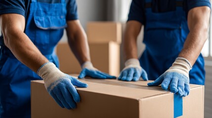 Two uniformed workers handling a cardboard box, aiding a move or delivery. Boxes stacked in the blurry background